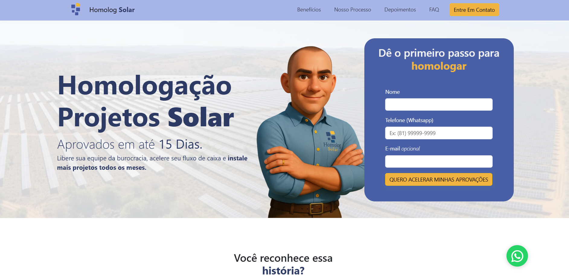Projeto de landing page de captura para Homolog Solar